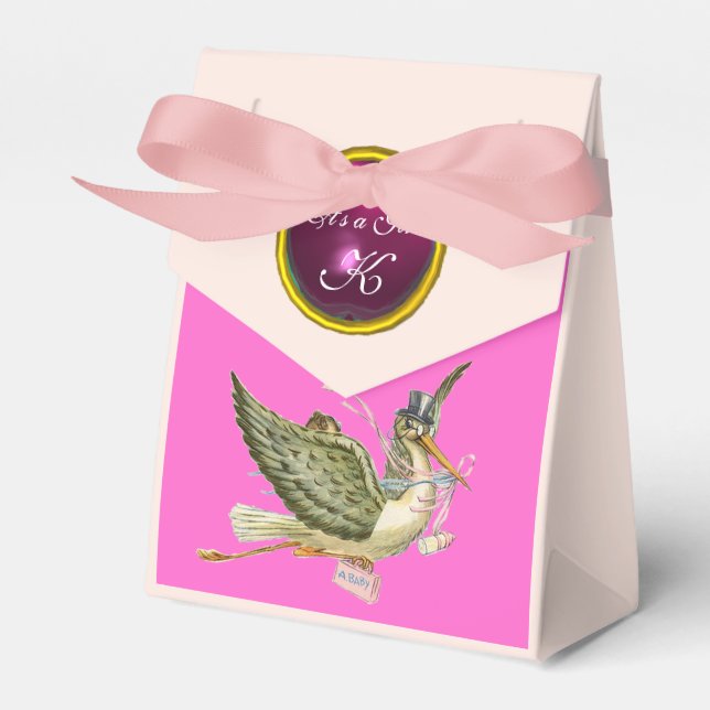 STORK FLICKA SHOWER ROSA FUCHSIA GEM MONOGRAM PRESENTASKAR (Framsidan Sidan)