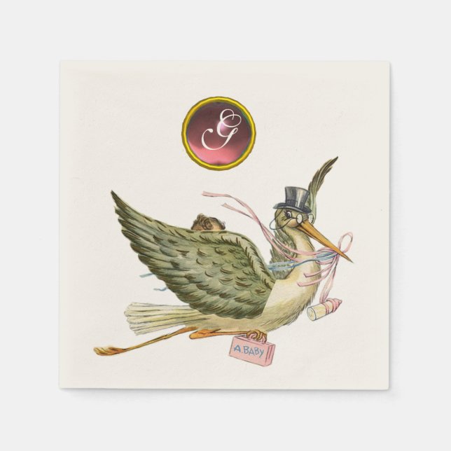 STORK FLICKA SHOWER ROSA GEM STONE MONOGRAM PAPPERSSERVETT (Framsidan)