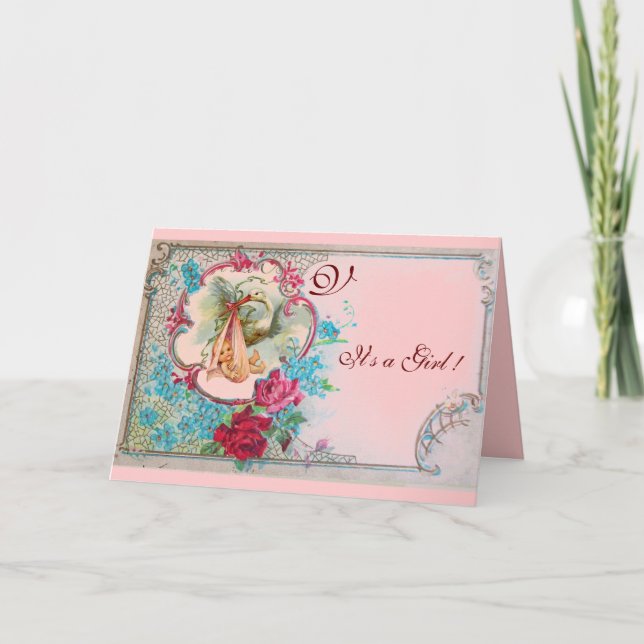 STORK FLICKA SHOWER ROSA ROS,FLOWERS MONOGRAM MEDDELANDE (Framsida)