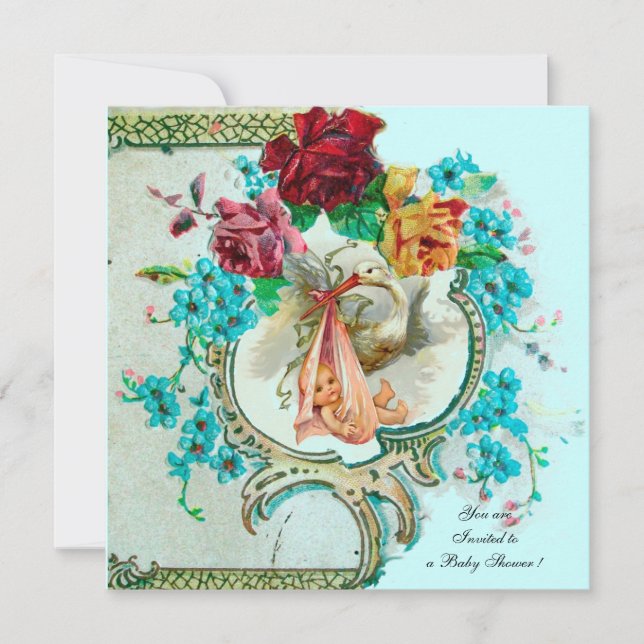 STORK FLICKA SHOWER, ROSA ROS OCH BLÅA BLOMMOR INBJUDNINGAR (Framsida)