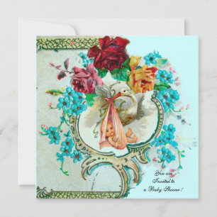 STORK FLICKA SHOWER, ROSA ROS OCH BLÅA BLOMMOR INBJUDNINGAR