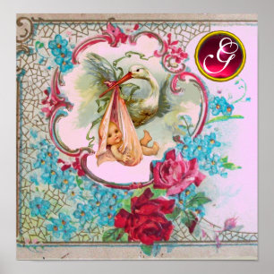 STORK FLICKA SHOWER Ruby Gem Stone Monogram Poster
