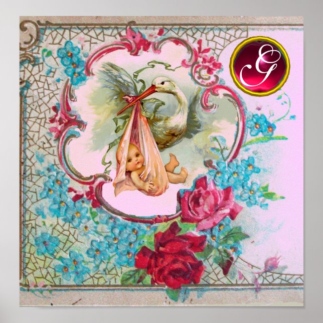 STORK FLICKA SHOWER Ruby Gem Stone Monogram Poster (Framsidan)