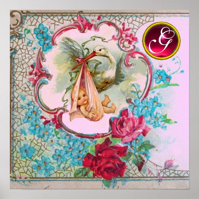 STORK FLICKA SHOWER Ruby Gem Stone Monogram Poster (Framsidan)