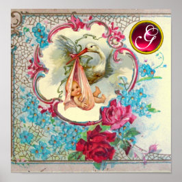 STORK FLICKA SHOWER Ruby Gem Stone Monogram Poster