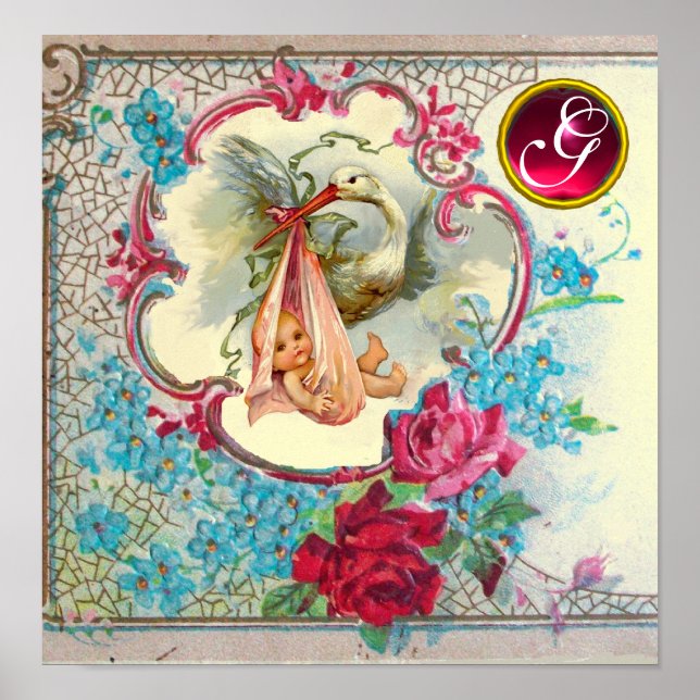 STORK FLICKA SHOWER Ruby Gem Stone Monogram Poster (Framsidan)