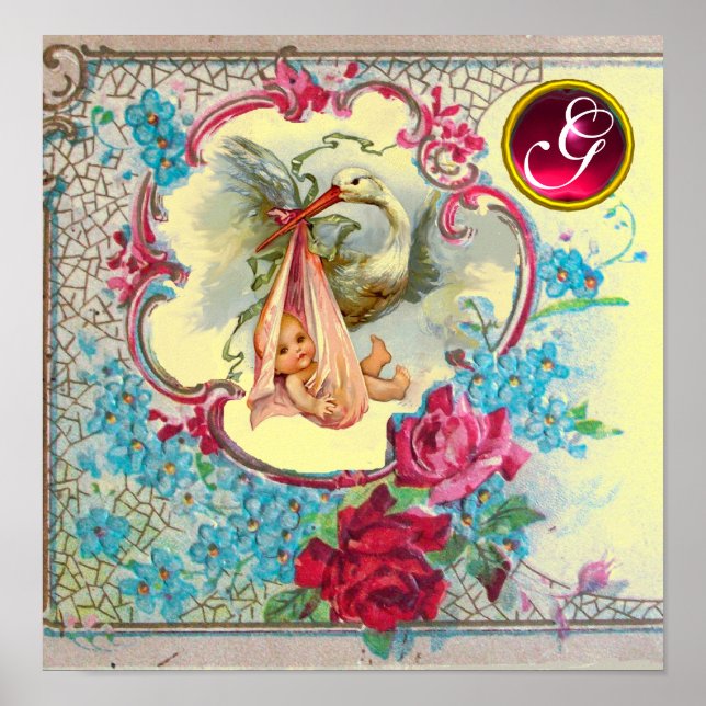 STORK FLICKA SHOWER Ruby Gem Stone Monogram Poster (Framsidan)