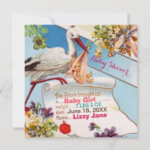 STORK,FLOWERS GiRL BABY SHOWER BIRTH STATUS Inbjudningar