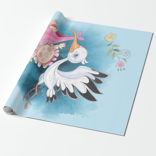 Stork flyger med Flicka | Bidrag till Baby Presentpapper (Utrullad)