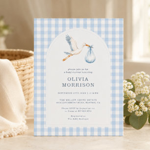 Stork Gingham Blå Pojke Bebis Shower Inbjudningar