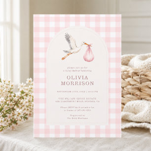 Stork Gingham Rosa Flickor Barnkalas Inbjudningar