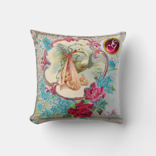 STORK GIRL BABY SHOWER BLOMMIGT MONOGRAM Keepsaké Kudde