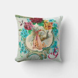 STORK GIRL BABY SHOWER BLOMMIGT MONOGRAM Keepsaké Kudde