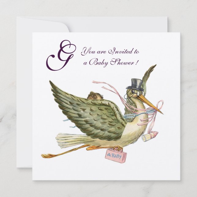 STORK GIRL BABY SHOWER MONOGRAM Rosa White Inbjudningar (Framsida)