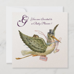 STORK GIRL BABY SHOWER MONOGRAM Rosa White Inbjudningar