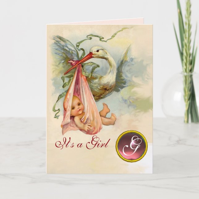 STORK GIRL BABY SHOWER ROSA GEM MONOGRAM MEDDELANDE (Framsida)
