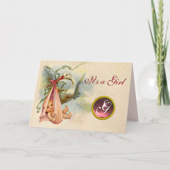 STORK GIRL BABY SHOWER ROSA GEM MONOGRAM MEDDELANDE (Framsida)