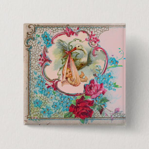 STORK GIRL BABY SHOWER /ROSA ROS BLÅA BLOMMOR KNAPP
