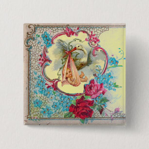 STORK GIRL BABY SHOWER /ROSA ROS BLÅA BLOMMOR KNAPP