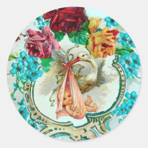 STORK GIRL BABY SHOWER ROSA ROS OCH BLÅA BLOMMOR RUNT KLISTERMÄRKE