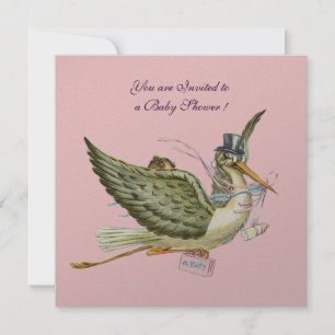 STORK GIRL BABY SHOWER ,Rosa silver metallisk Inbjudningar
