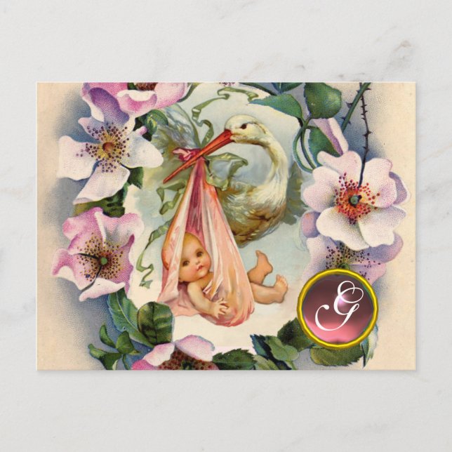 STORK GIRL BABY SHOWER ,ROSA VILD RO MONOGRAM INBJUDAN VYKORT (Framsida)