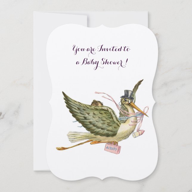 STORK GIRL BABY SHOWER ,silver metallisk Inbjudningar (Framsida)