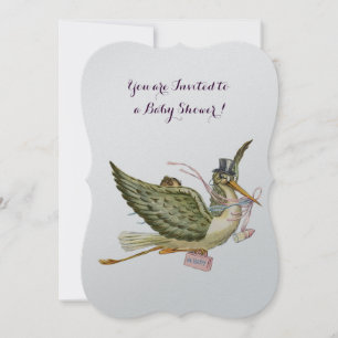 STORK GIRL BABY SHOWER ,silver metallisk Inbjudningar
