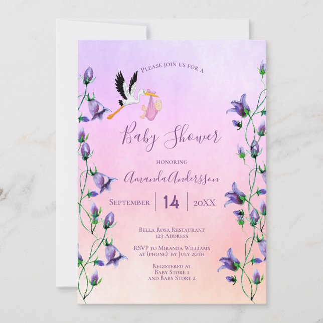Stork Girl rosa violet lila blommigt babydusch Inbjudningar (Framsida)