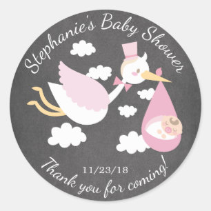 Stork Girls Baby Shower Favor Sticker Runt Klistermärke