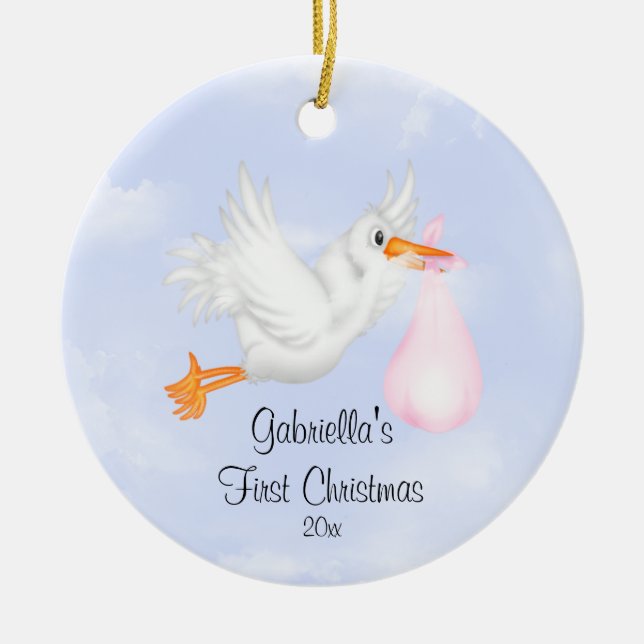 Stork Girls Baby's First Christmas-ornament Julgransprydnad Keramik (Framsidan)