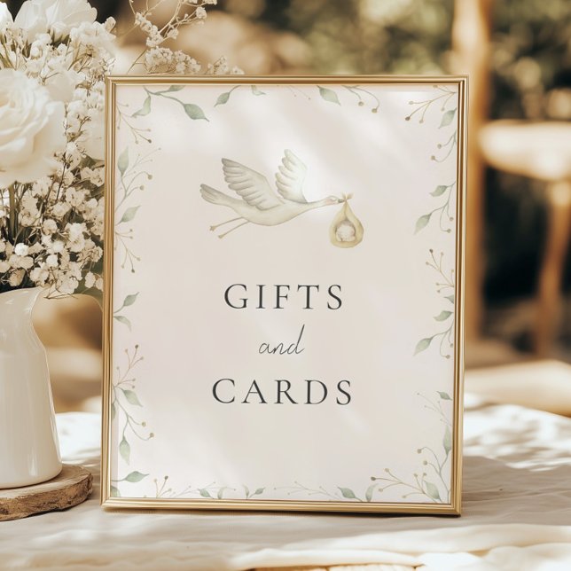 Stork Greenery Baby Shower Gifts and Cards Sign Poster (Skapare uppladdad)