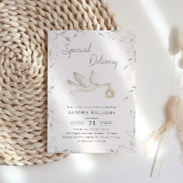 Stork Greenery Baby Shower Inbjudningar