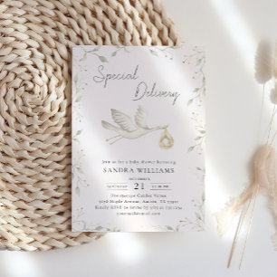 Stork Greenery Baby Shower Inbjudningar