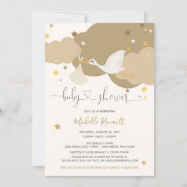 Stork Guld Gender Neutral Baby Shower Inbjudningar