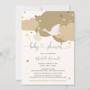 Stork Guld Gender Neutral Baby Shower Inbjudningar