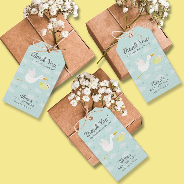 Stork Gult Bundle Neutralt Baby Shower-favoriter Presentetikett (Yellow bundle stork gender neutral baby shower favor gift tags)
