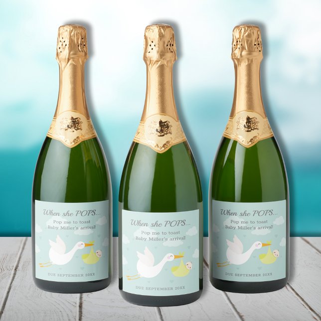 Stork Gult Bundle Pop it it (Cute yellow stork bundle baby shower Pop It personalized champagne bottle labels)