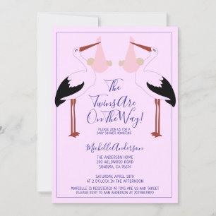 Stork Holding Twin Rosa Baby Bundles Baby Shower Inbjudningar