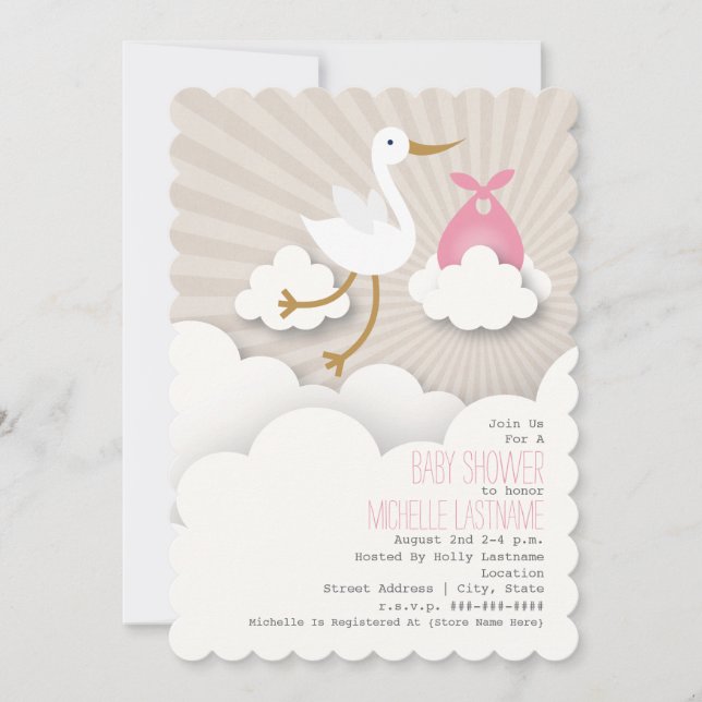 Stork i Clouds Babyskåda - Rosa Inbjudningar (Framsida)