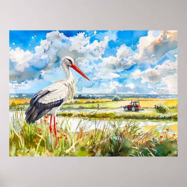 Stork i sommarfält Havelland Akvarellstil Poster (Framsidan)