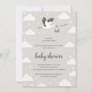 Stork illustration pojke baby shower inbjudan