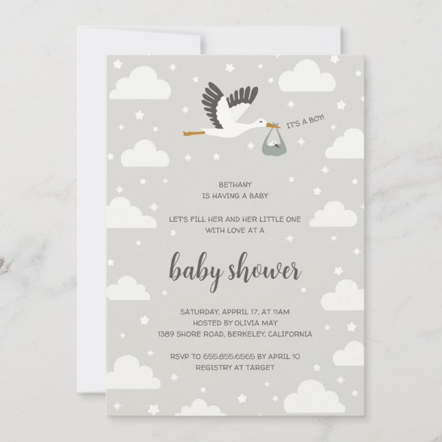Stork illustration pojke baby shower inbjudan (Framsida)