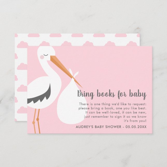 Stork Illustration - Rosa Baby Shower Bok-begäran Inbjudningar (Fram/baksida)