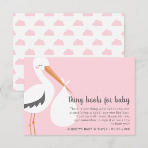 Stork Illustration - Rosa Baby Shower Bok-begäran Inbjudningar