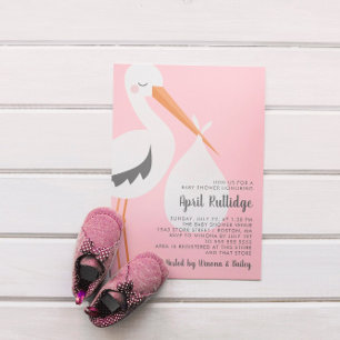 Stork Illustration Rosa Girl Baby Shower Inbjudningar