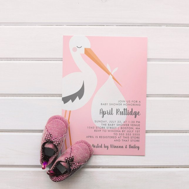 Stork Illustration Rosa Girl Baby Shower Inbjudningar (Skapare uppladdad)
