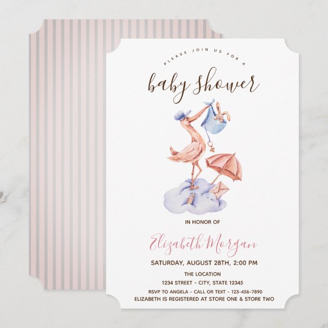Stork Liten Kanin Rosa Ränder Baby Shower   Inbjudningar (Fram/baksida)