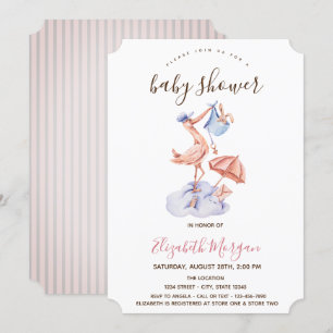 Stork Liten Kanin Rosa Ränder Baby Shower Inbjudningar