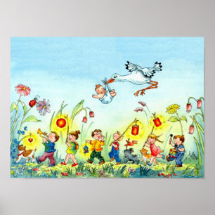 Stork med Baby - Poster i Nursery
